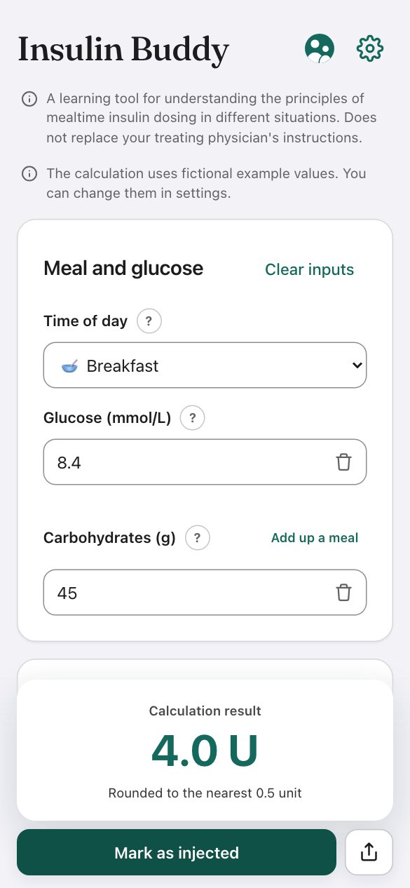 The app's main view with fictional example values: breakfast, glucose 8.4 mmol/l and 45 g of carbohydrates. The calculation result is 4.0 units.