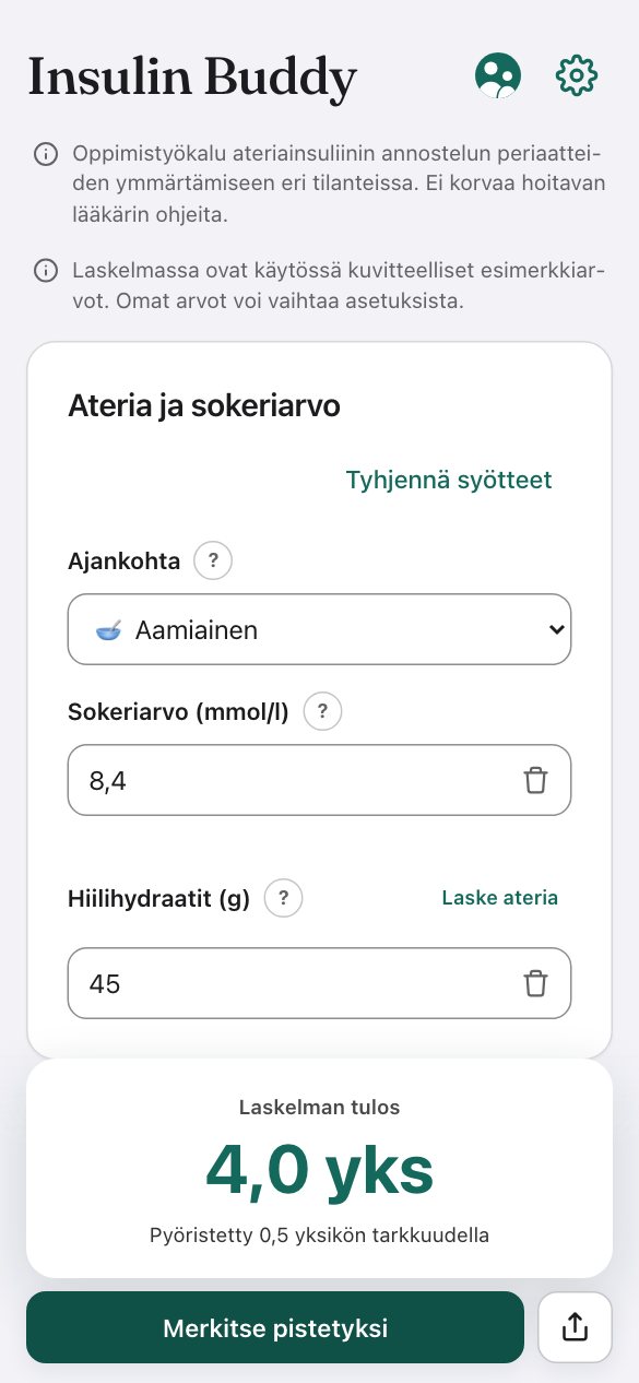 Sovelluksen päänäkymä kuvitteellisilla esimerkkiarvoilla: ajankohta aamiainen, sokeriarvo 8,4 mmol/l ja hiilihydraatit 45 g. Laskelman tulos on 4,0 yksikköä.