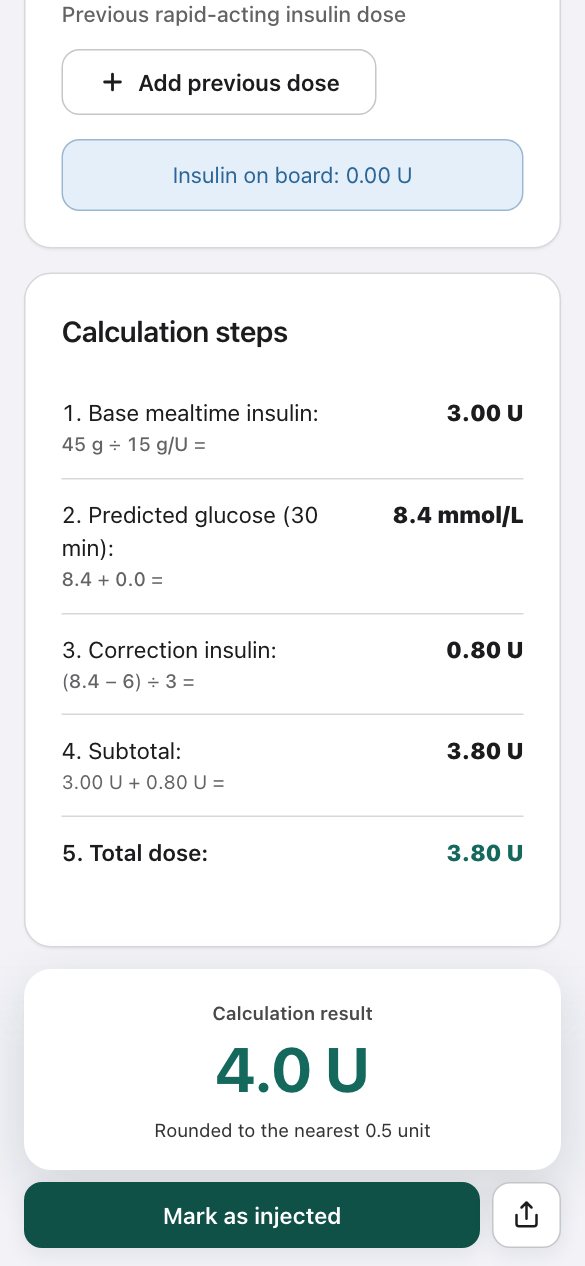 Calculation steps: base mealtime insulin 3.00 units, correction insulin 0.80 units and total dose 3.80 units. The calculation result is 4.0 units.