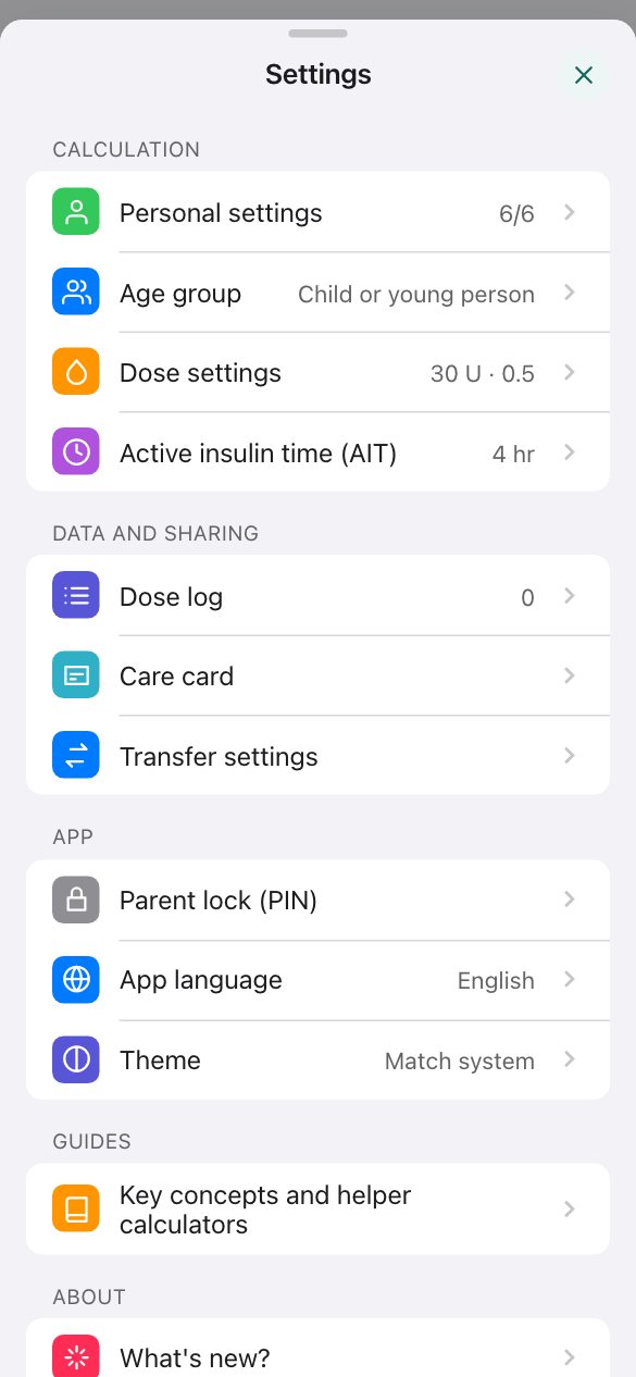Settings as a grouped list: personal settings, age group, dose settings, active insulin time, dose log, care card and transfer of settings.