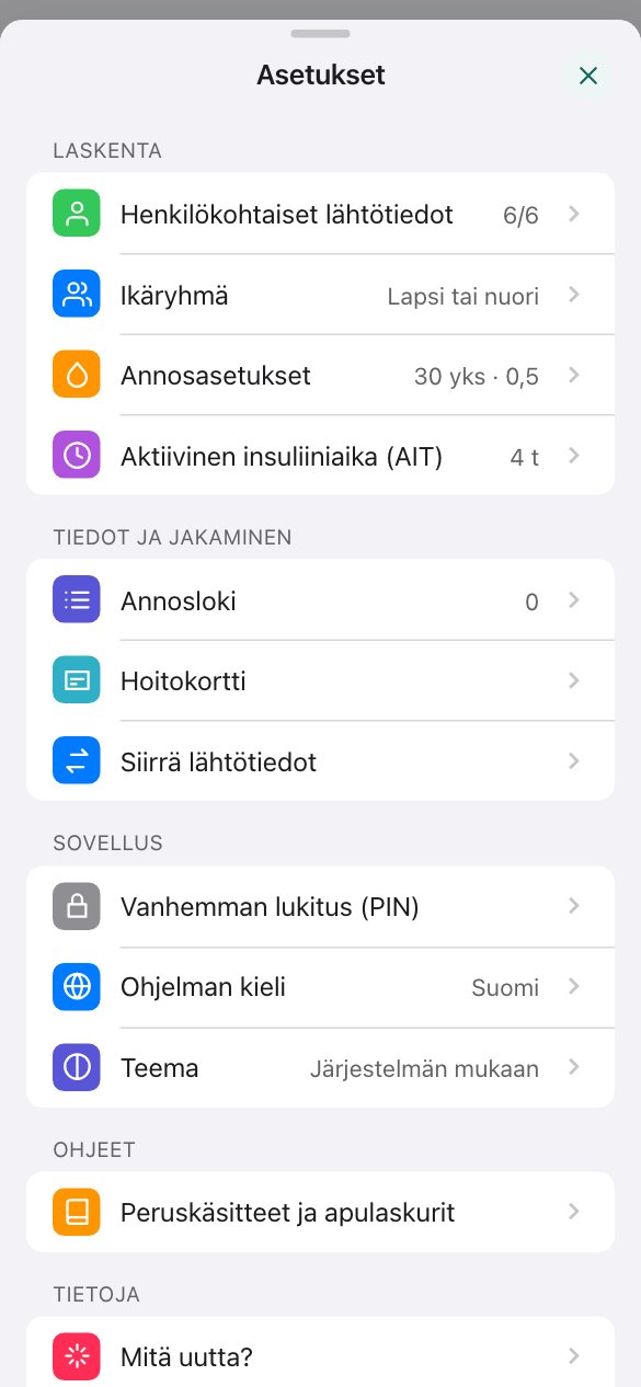 Asetukset ryhmiteltynä listana: henkilökohtaiset lähtötiedot, ikäryhmä, annosasetukset, aktiivinen insuliiniaika, annosloki, hoitokortti ja lähtötietojen siirto.