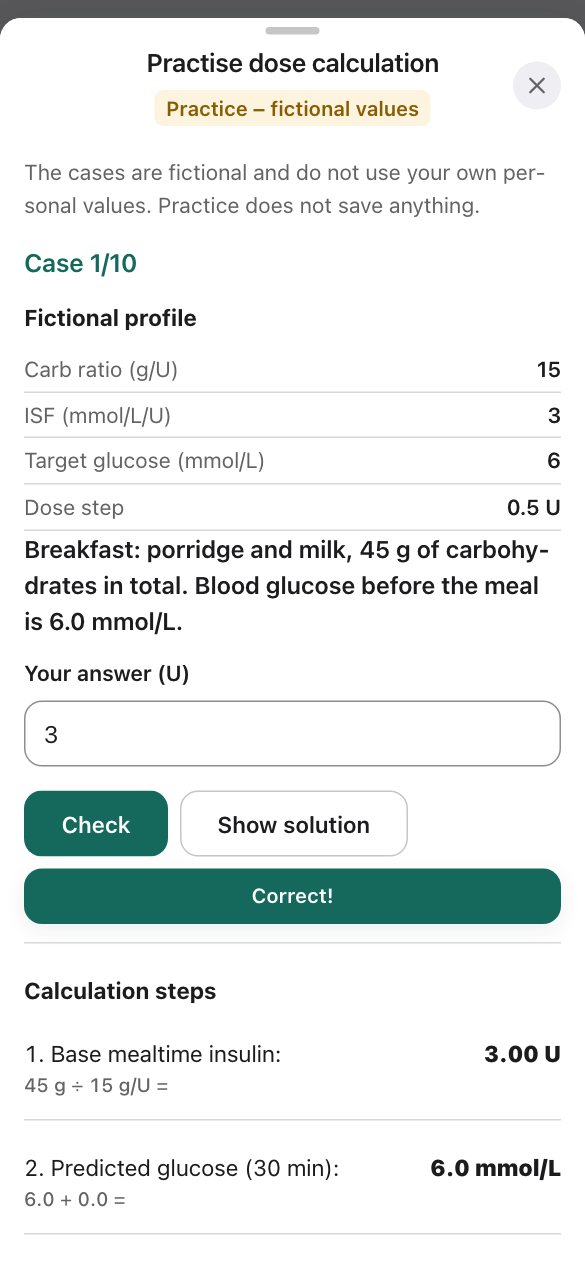 Practice mode: case 1 of 10 with a fictional profile, an answer checked as correct and the calculation steps of the solution.