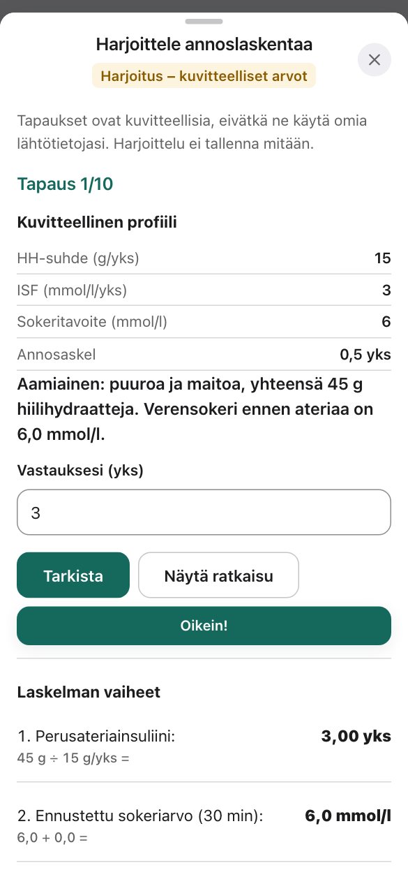 Harjoittelutila: tapaus 1/10 kuvitteellisella profiililla, oikeaksi tarkistettu vastaus ja ratkaisun laskelman vaiheet.